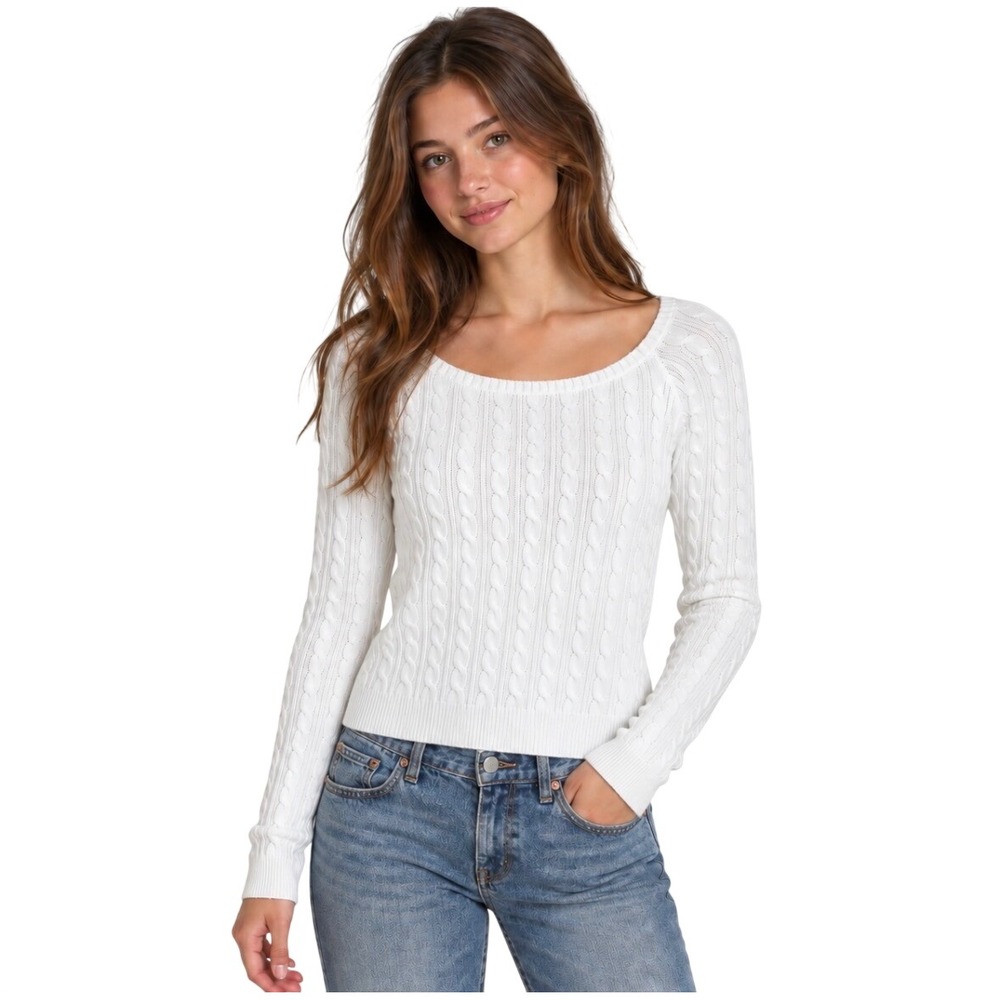 Brandy Melville White Cable Knit Scoop Neck Long Sleeve Sweater MH595F One Size